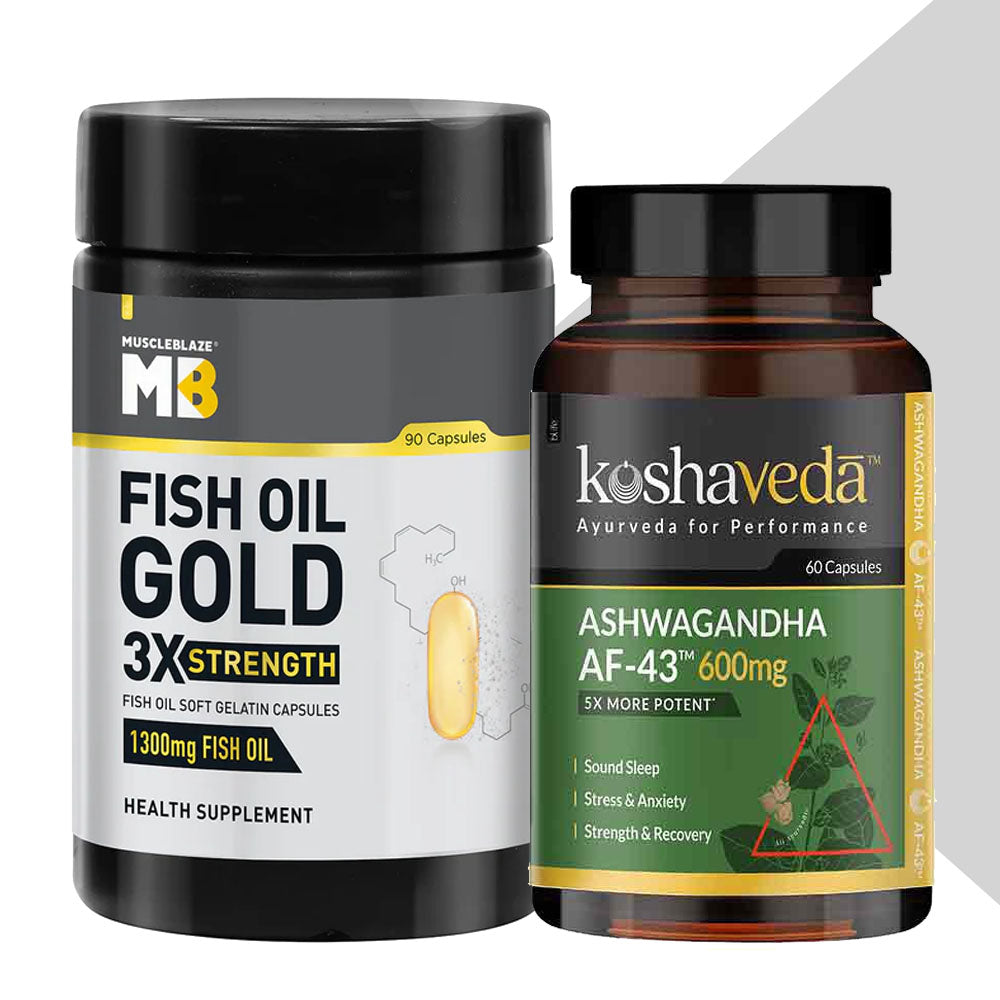 MuscleBlaze Fish Oil Gold 90 capsules and Koshaveda Ashwagandha AF-43 600mg 60 caspsules