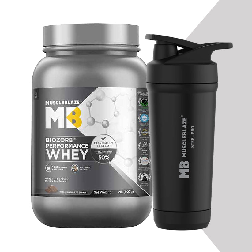 Biozorb Performance Whey 2 lb Rich Chocolate and 700 ml Stainless Steel Gym Shaker Combo