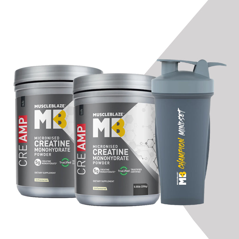 Creatine Monohydrate CreAMP (0.55 lb X 2) Unflavoured with Champion Mindset Gym Shaker