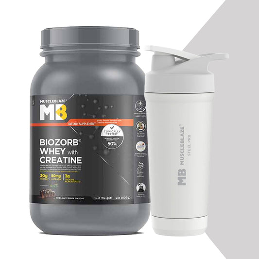 Biozorb Whey with Creatine 2 lb Chocolate Fudge and 700 ml Stainless Steel Gym Shaker Combo