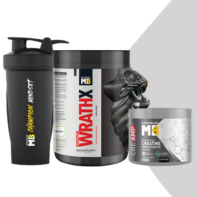 Pre Workout WrathX 0.88 lb Fruit Fury and Creatine Monohydrate CreAMP 0.22 lb with Champion Mindset Gym Shaker