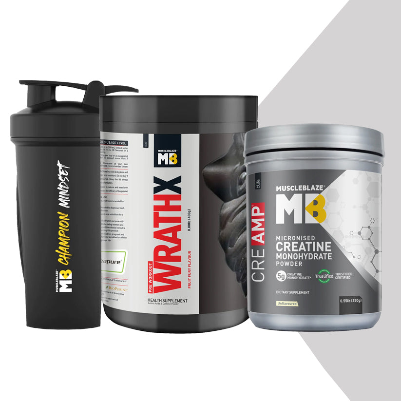 Pre Workout WrathX 0.88 lb Fruit Fury and Creatine Monohydrate CreAMP 0.55 lb with Champion Mindset Gym Shaker