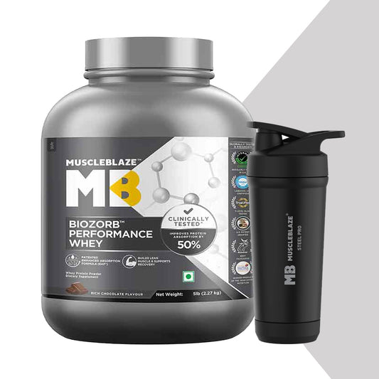 MuscleBlaze Biozorb Performance Whey 5 lb Rich Chocolate with Stainless Steel Gym Shaker Pro