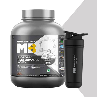 MuscleBlaze Biozorb Performance Whey 5 lb Rich Chocolate with Stainless Steel Gym Shaker Pro