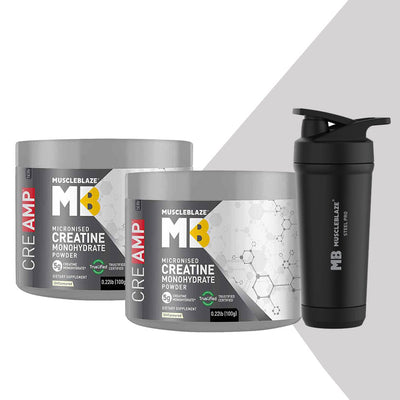 Creatine Monohydrate CreAMP Unflavoured (0.22 lb X 2) with Stainless Steel Gym Shaker Pro